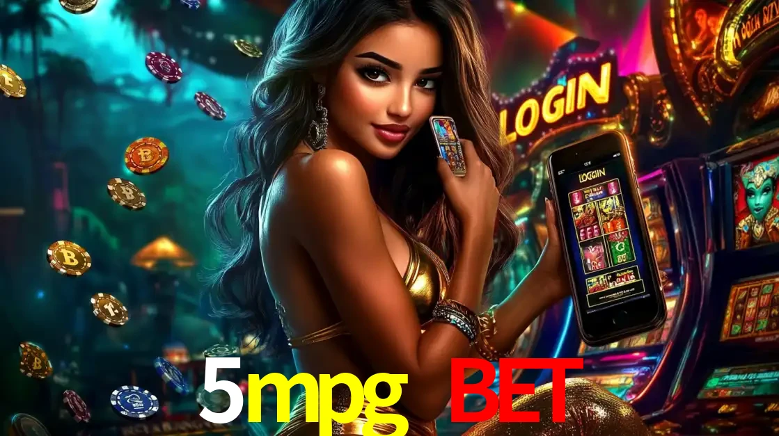 Mulher em um cenário de cassino temático de aventura, mostrando o app de caça-níqueis da 5mpg bet no celular. Fichas de apostas flutuam ao redor.