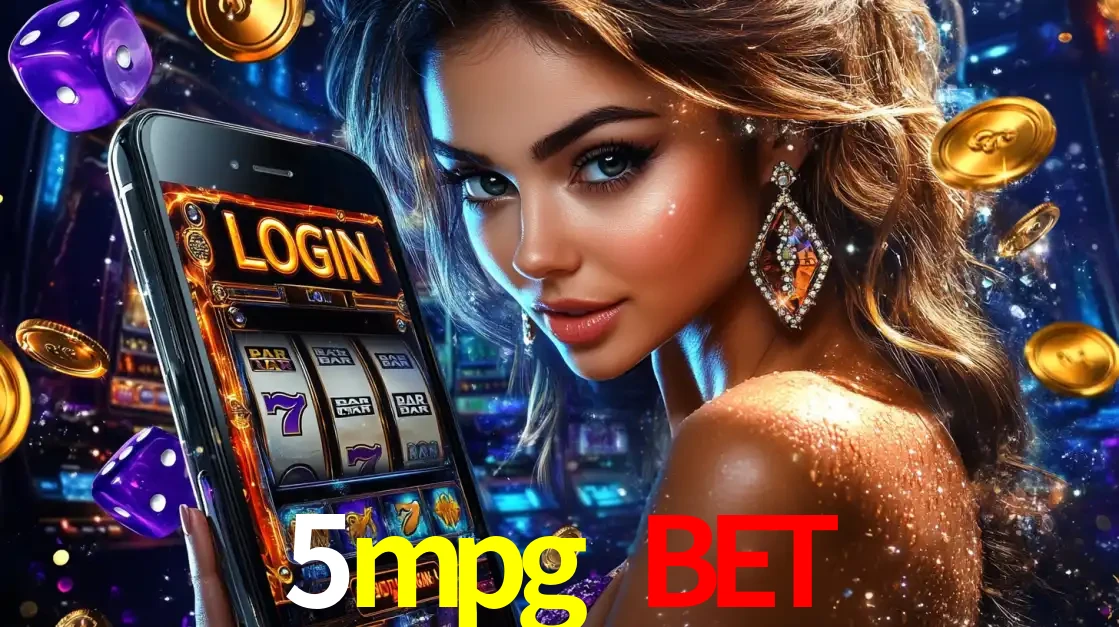 Mulher glamorosa segurando um smartphone com a tela de login para os jogos de caça-níqueis do cassino online 5mpg bet, com moedas de ouro e dados ao redor.