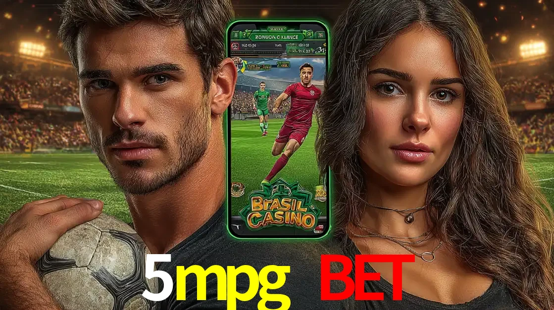 Homem segurando uma bola de futebol e uma mulher ao lado de um smartphone exibindo o jogo de apostas esportivas da 5mpg bet. Faça seu palpite no cassino online.